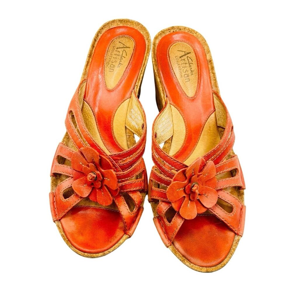 Clarks Artisan Vintage red floral leather cork wedge sandals sz 7.5